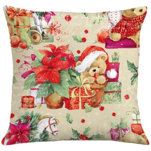 NEW CHRISTMAS TEDDY BEAR TOYS ORNAMENTS HOLIDAY POLYESTER PILLOW COVER 17.7" - Picture 1 of 3